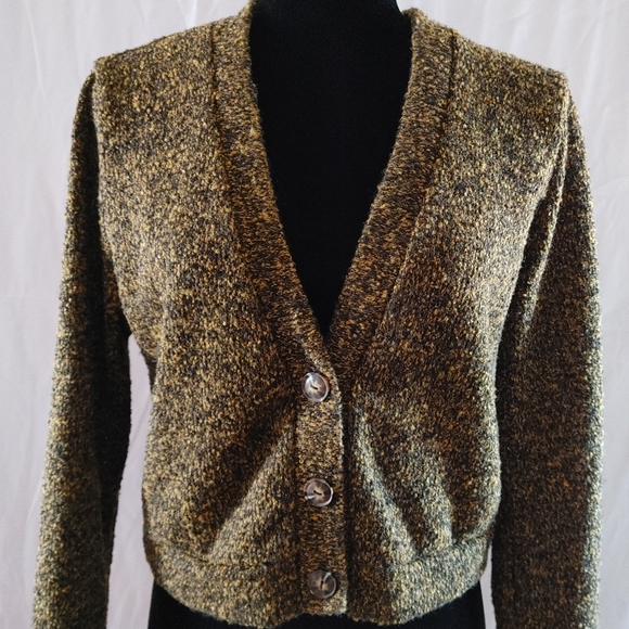 Women's V Neck Crop Cardigan Long Sleeve Black Brown Size Large - Picture 1 of 6